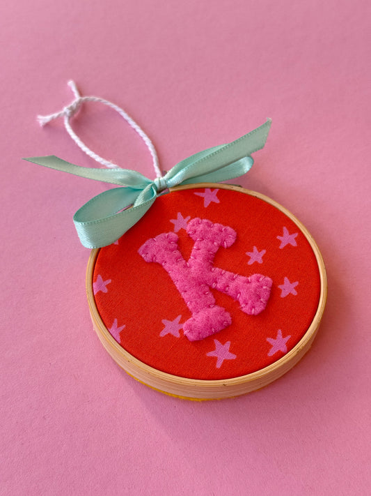 "K" Initial Hand Embroidered Felt Ornament | 3" Hoop