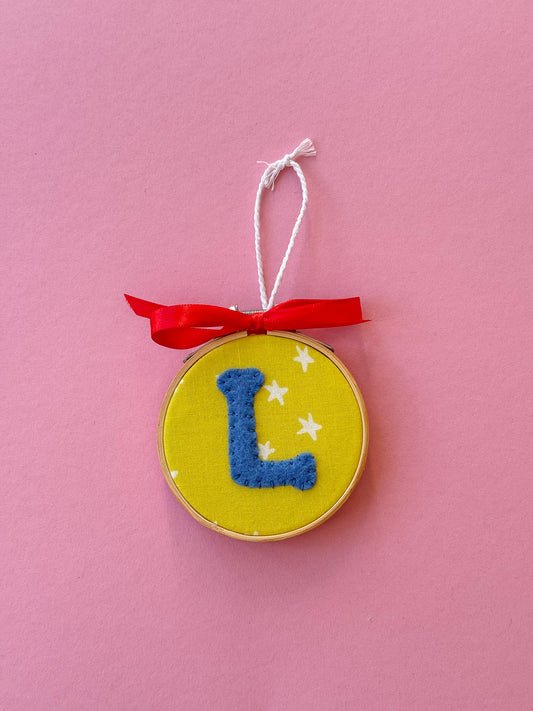 "L" Initial Hand Embroidered Felt Ornament | 3" Hoop