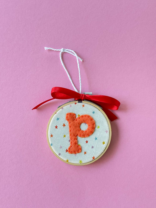 "P" Initial Hand Embroidered Felt Ornament | 3" Hoop