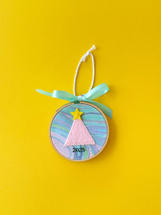 Light Pink Christmas Tree Hand Embroidered Felt Ornament | 3" Hoop