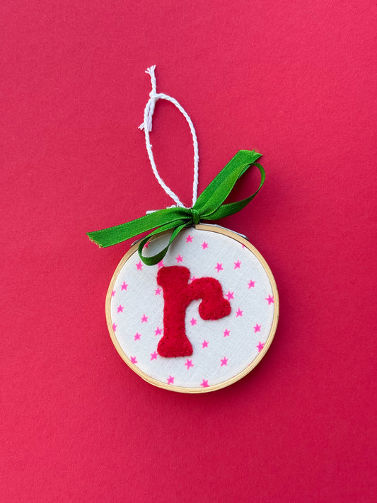 "R" Initial Hand Embroidered Felt Ornament | 3" Hoop