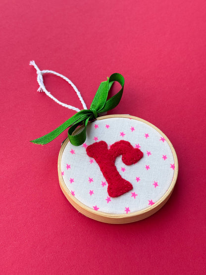 "R" Initial Hand Embroidered Felt Ornament | 3" Hoop