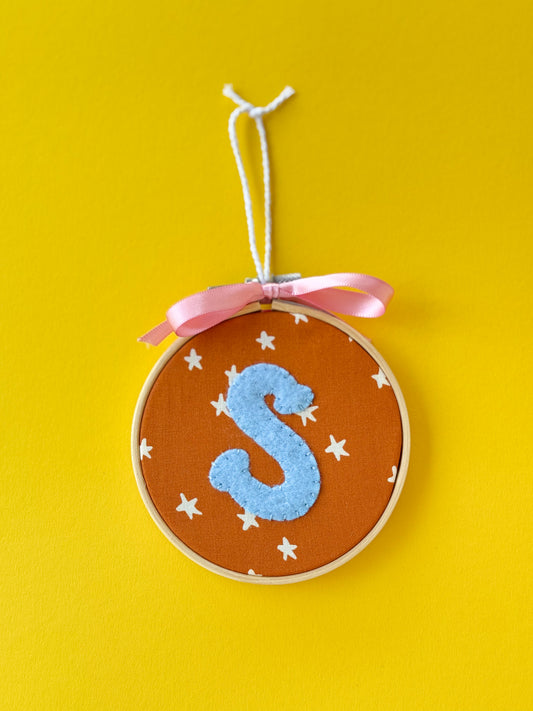 "S" Initial Hand Embroidered Felt Ornament | 4" Hoop