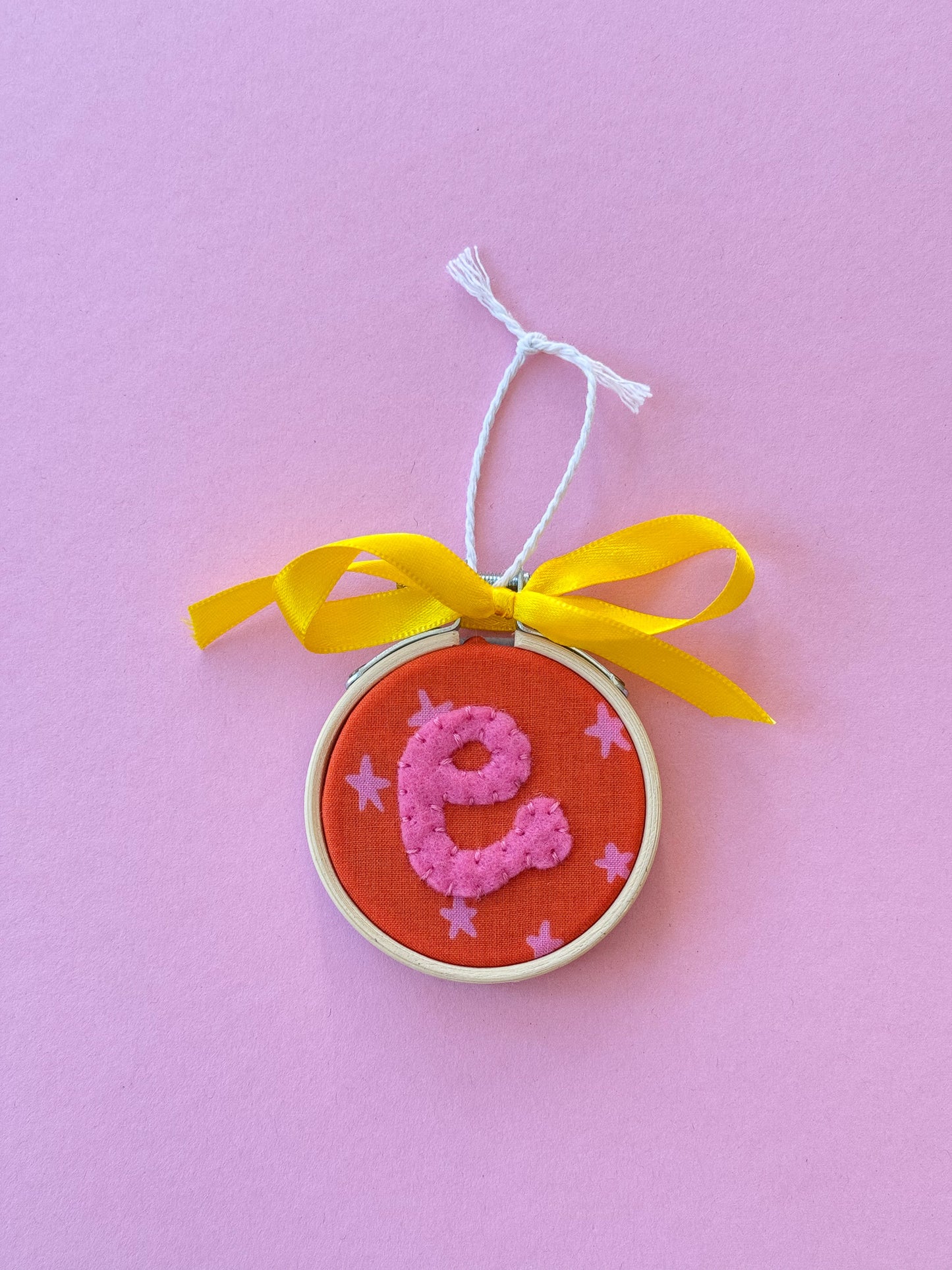 "E" Initial Hand Embroidered Felt Ornament | 2" Hoop