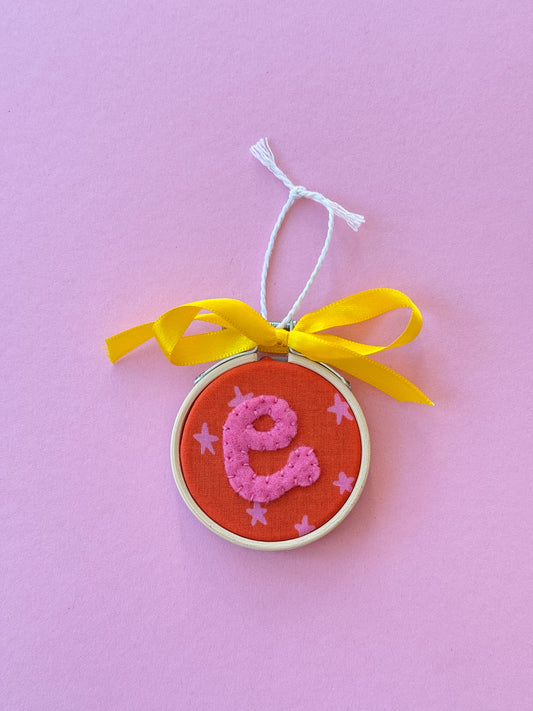 "E" Initial Hand Embroidered Felt Ornament | 2" Hoop