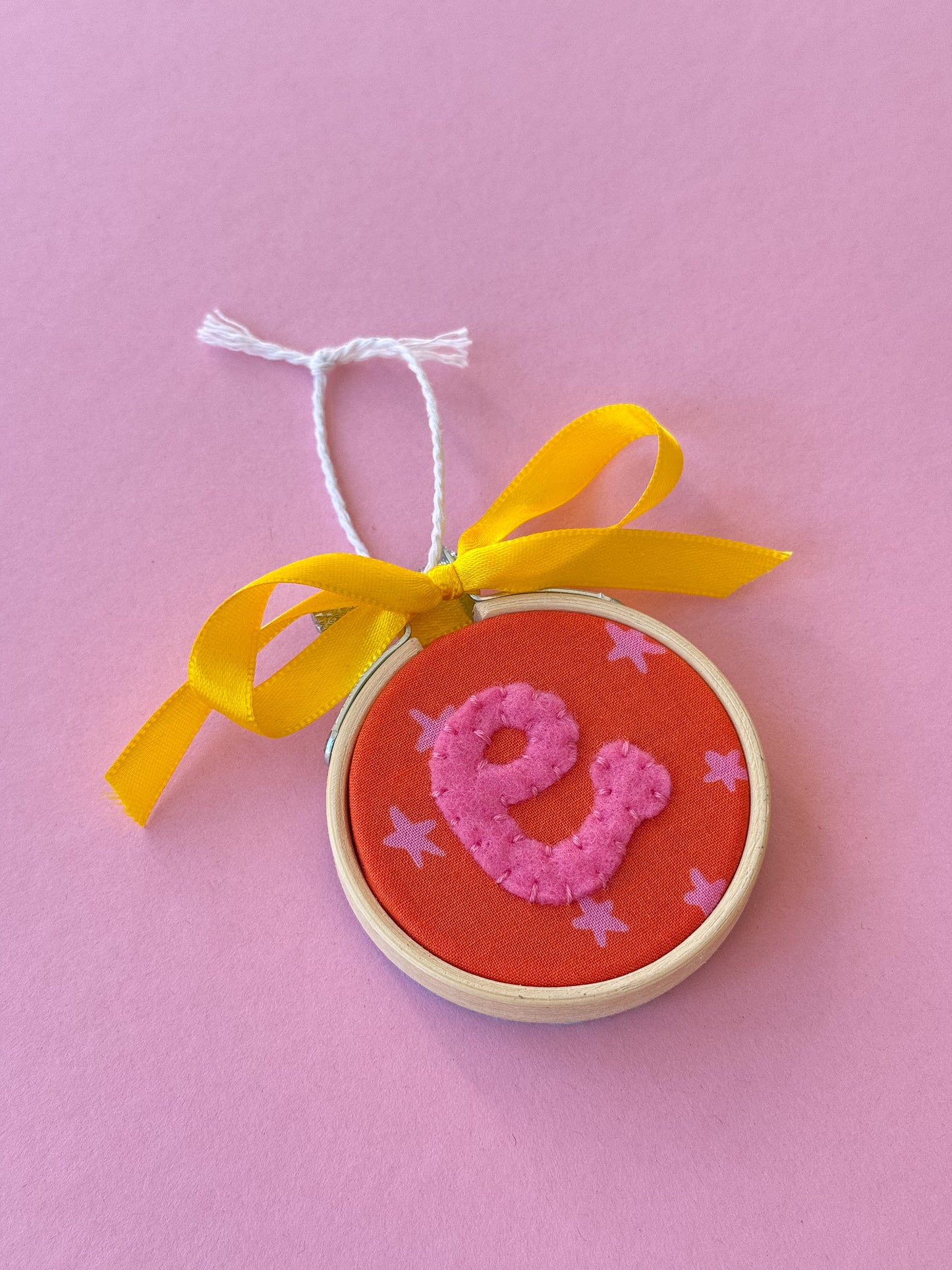 "E" Initial Hand Embroidered Felt Ornament | 2" Hoop