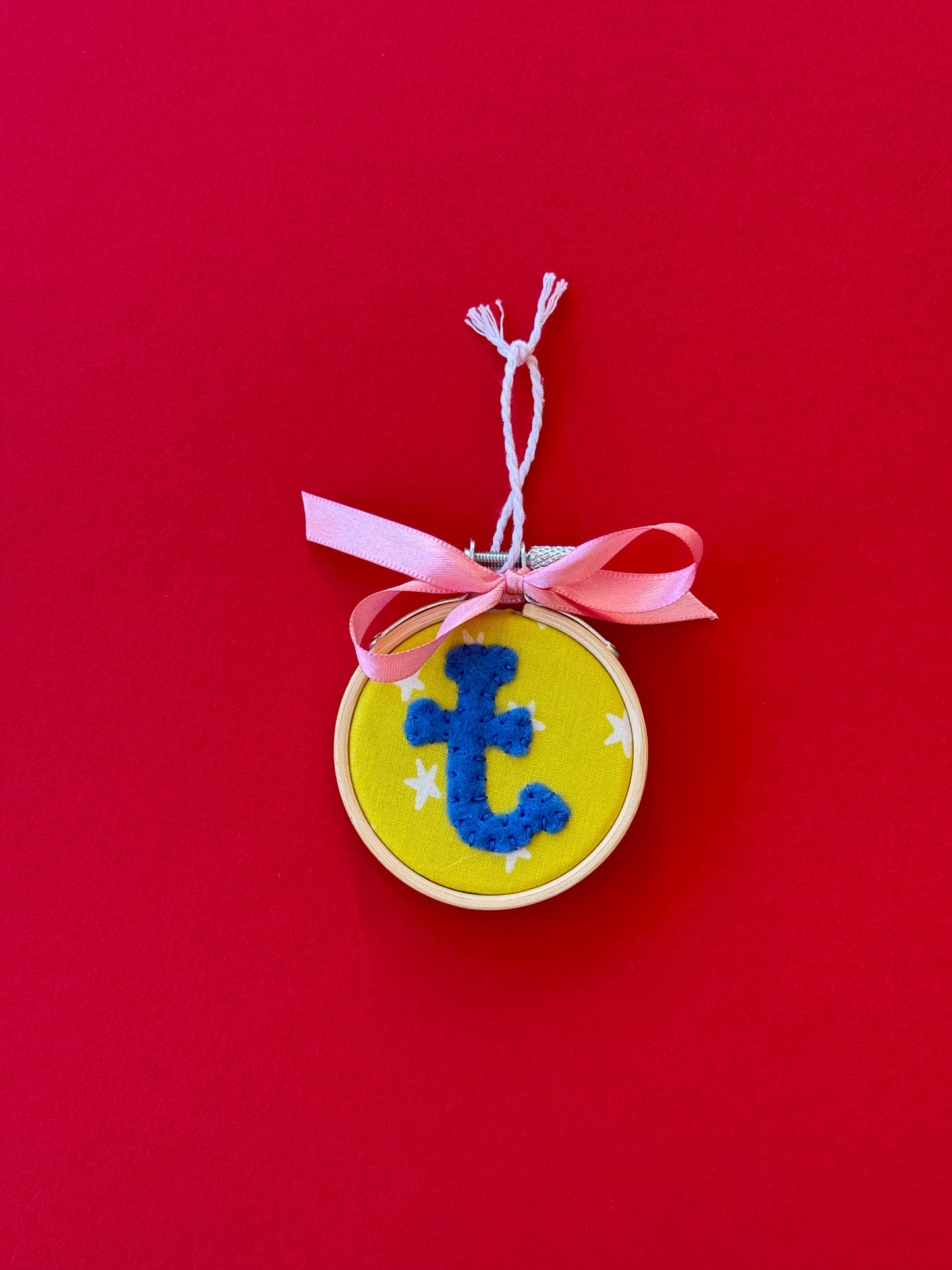 "T" Initial Hand Embroidered Felt Ornament | 2" Hoop