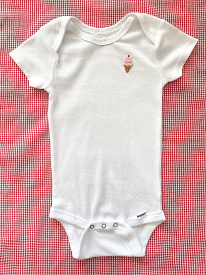 ice cream hand embroidery on white baby onesie