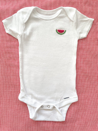 Watermelon hand embroidery on white baby onesie