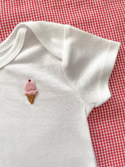 ice cream hand embroidery on white baby onesie