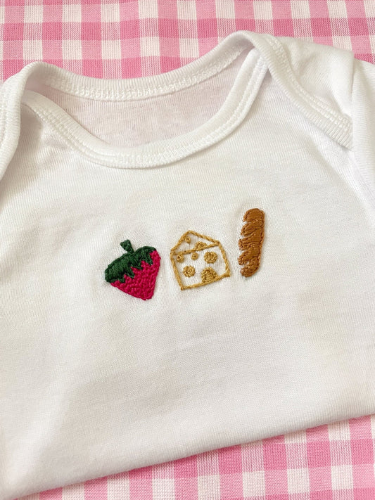 Hand Embroidered Charcuterie Onesie| Baby Gift | Food Baby | Baguette | Cheese | Strawberry | Picnic Baby Outfit | Cheese Board | Handmade